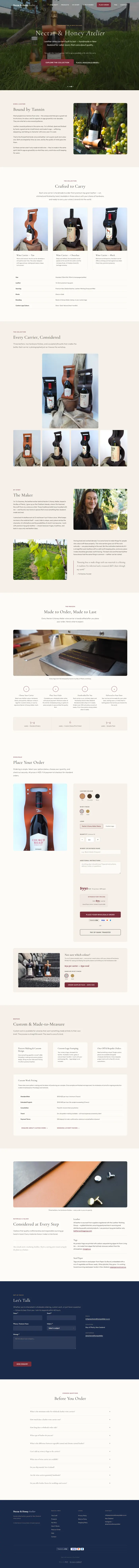 Nectar & Honey Atelier full homepage screenshot, from the vineyard hero through the leather story, the collection, how ordering works, the configurator and Tui's story