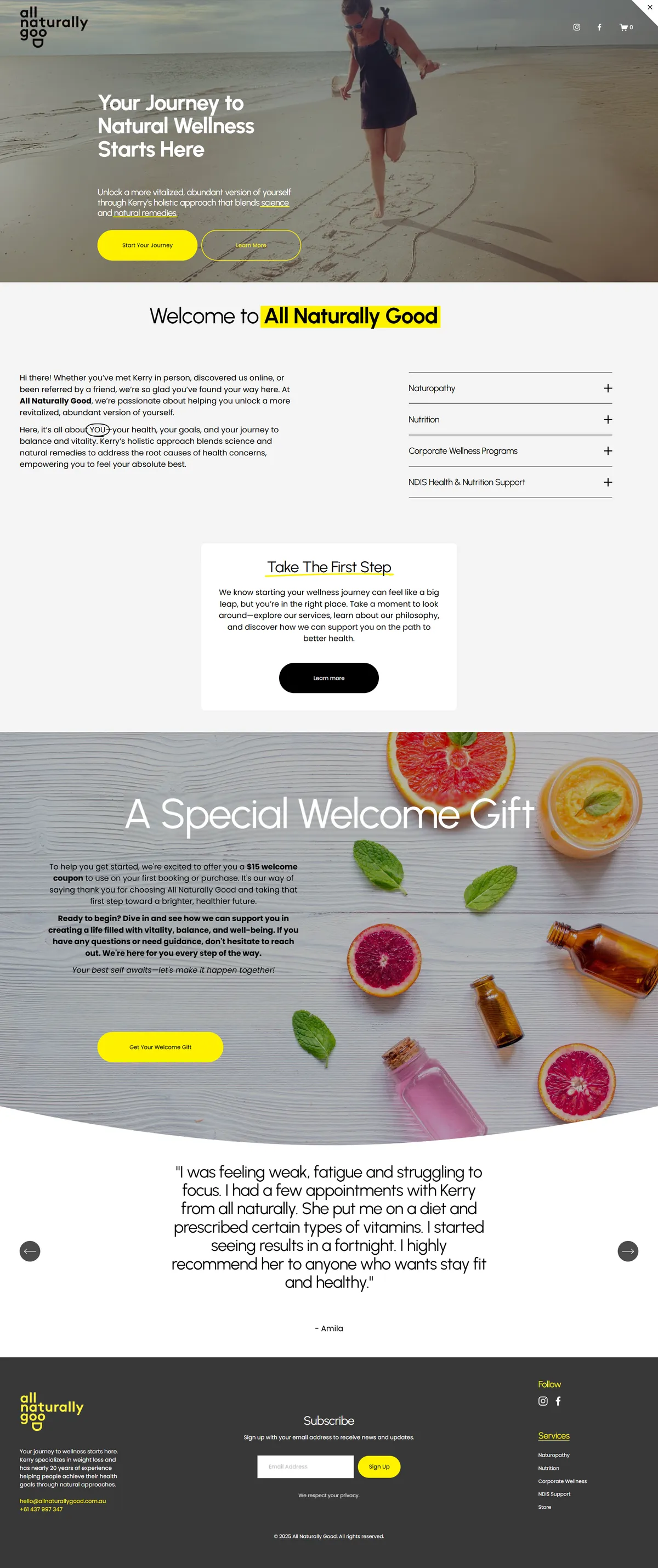 Redesigned All Naturally Good homepage — calm beach hero, clearer hierarchy, yellow used as a highlight