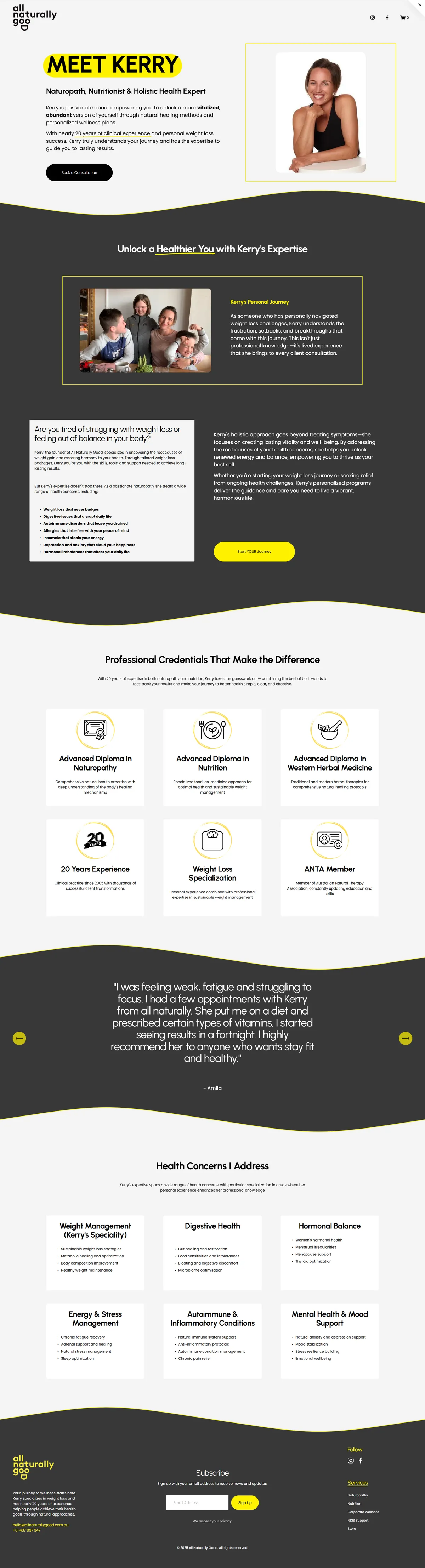 Redesigned Meet Kez page — large lead photo of Kerry, then her credentials in clear cards