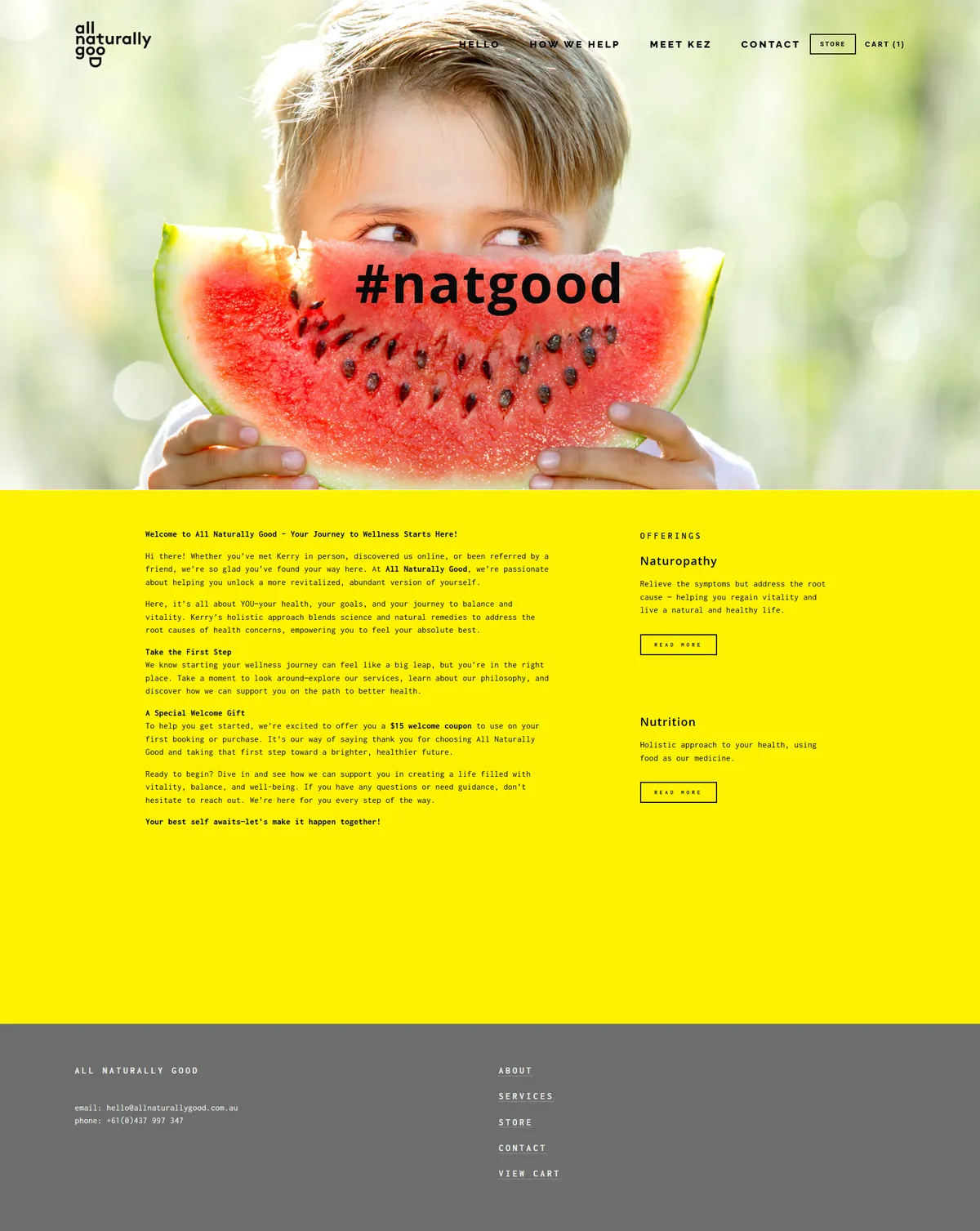Original All Naturally Good homepage — heavy yellow background with a watermelon hero