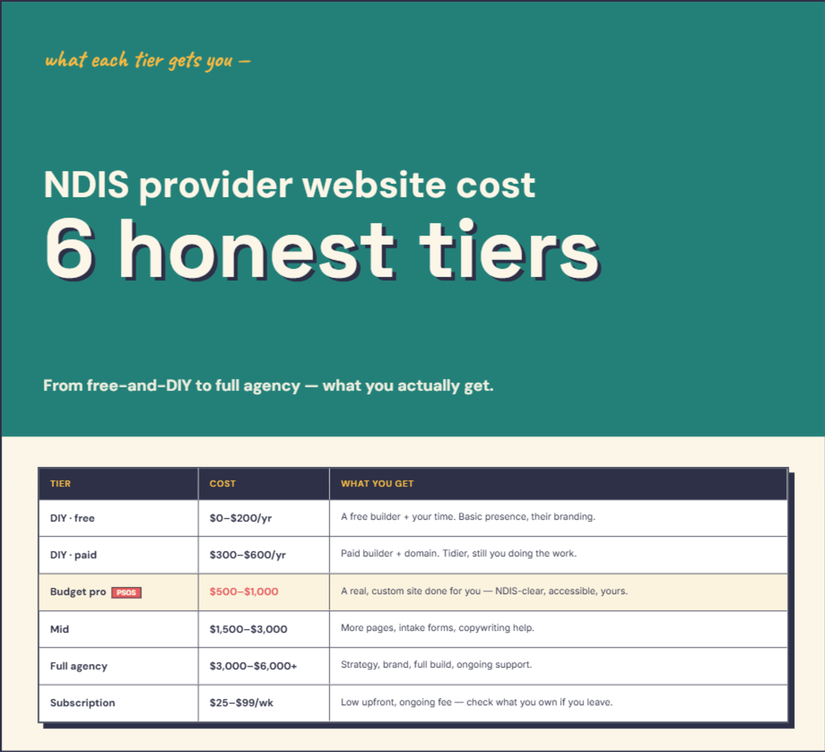 Infographic breaking down what an NDIS provider website costs across tiers, and what each includes — detailed in the text below.