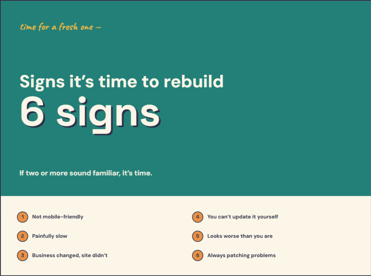 Infographic listing six signs it's time to rebuild your website — each explained in the text below.