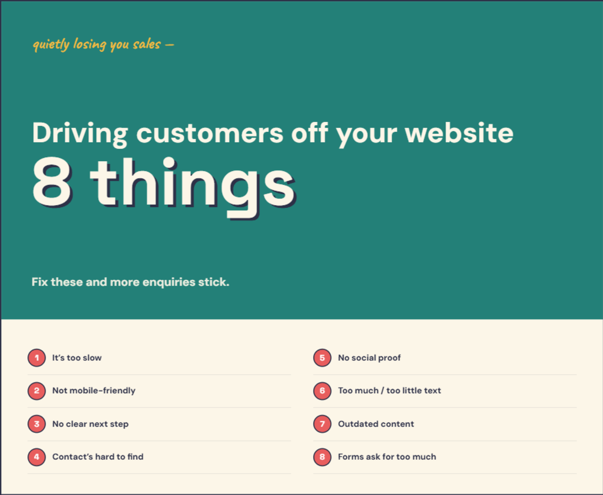 Infographic listing eight things that drive customers away from your website — each explained in the text below.