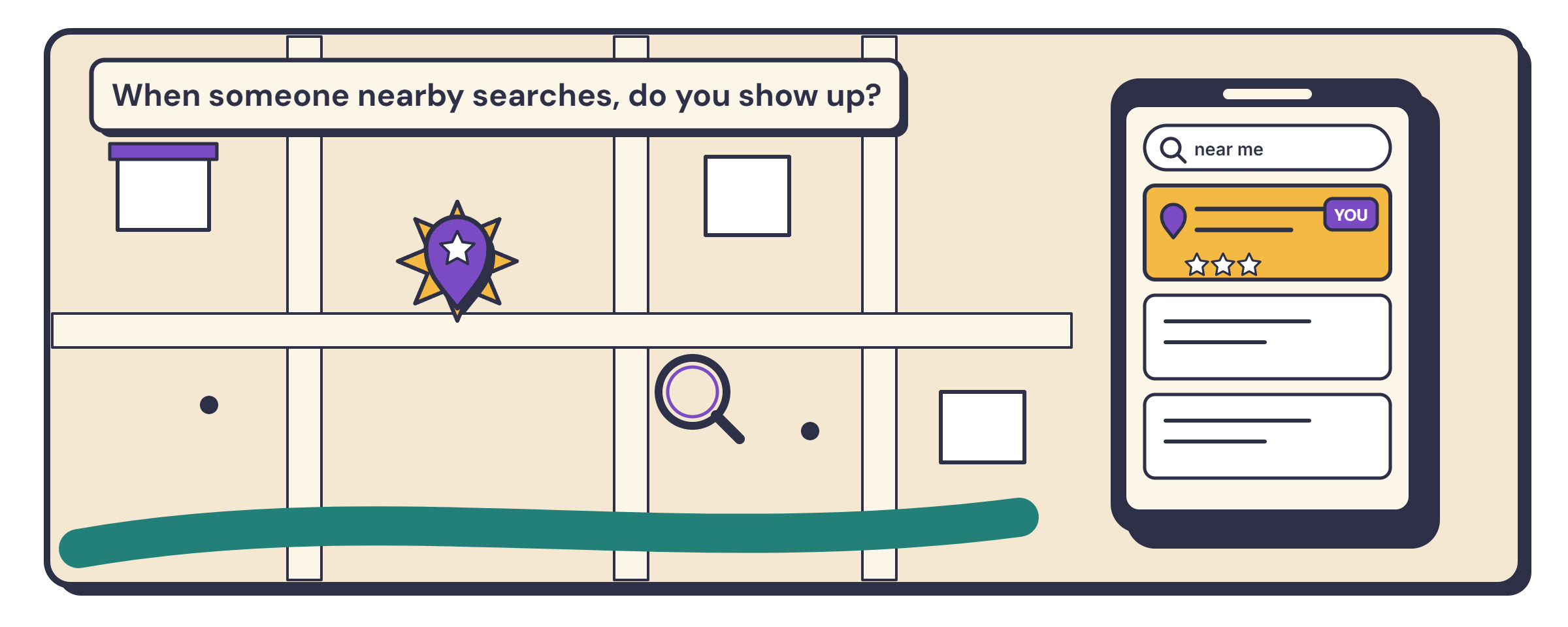 A shop pin starred on a street map, ranking in Google's top-three 'near me' results on a phone.