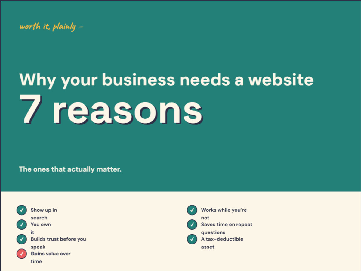 Infographic listing seven benefits of having a website for your small business — each explained in the text below.