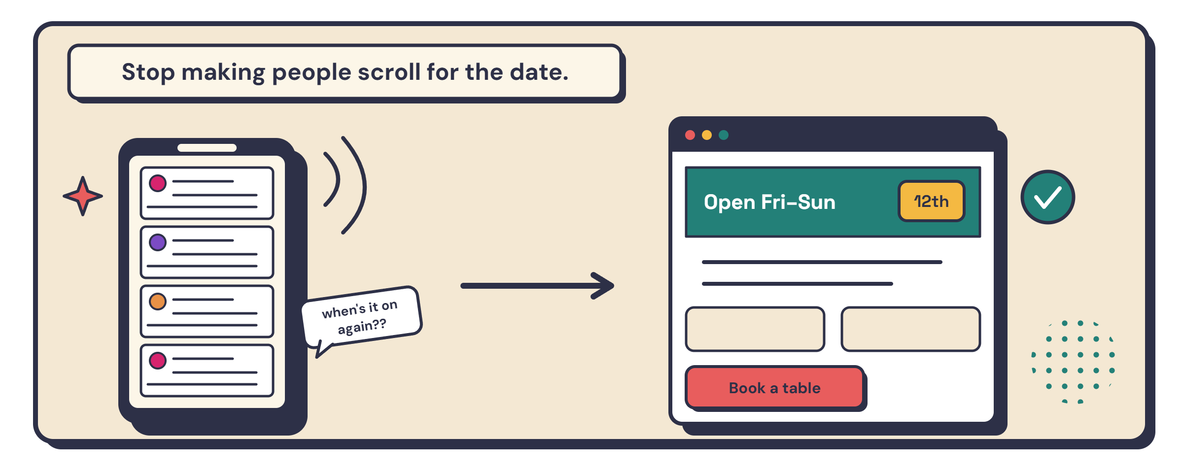 A phone endlessly scrolling for a date versus a single one-page site that just has the answer.