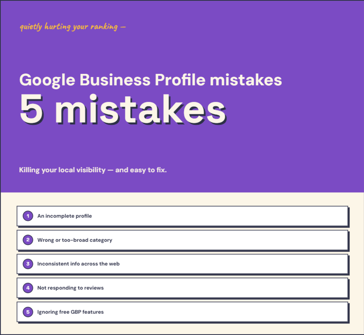 Infographic listing five Google Business Profile mistakes that hurt local visibility — each explained in the text below.