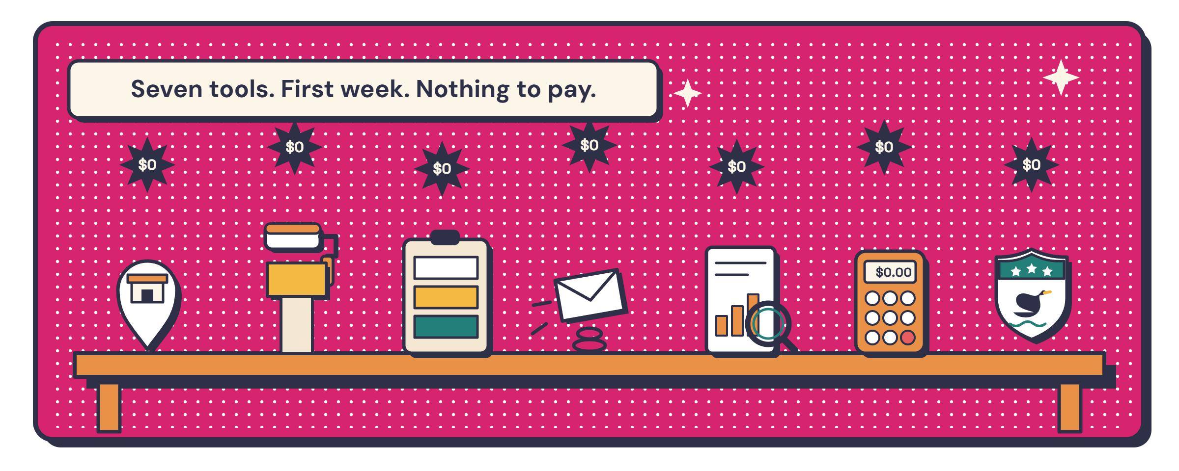 Seven free tools lined up on a workbench — the starter kit every new Australian business owner needs.